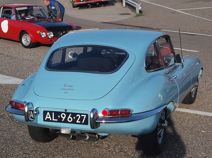 Rear view of a 1968 light blue Jaguar EType 42 Litre 2 2 