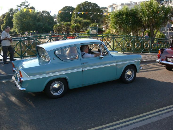 Blue Ford Anglia 105E seen at Dawlish